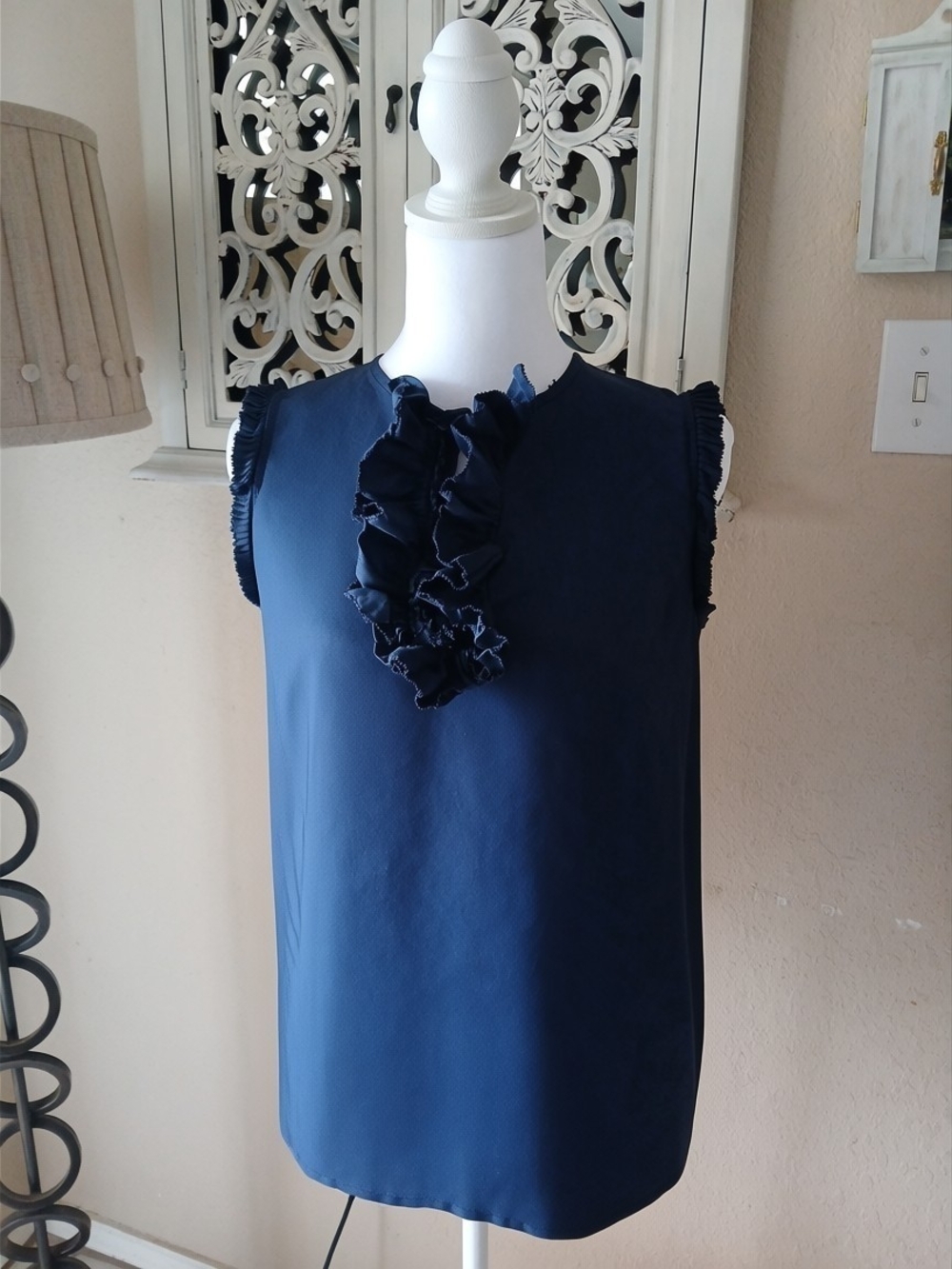 J. Crew Navy Sleeveless Top with Front Ruffle Detail